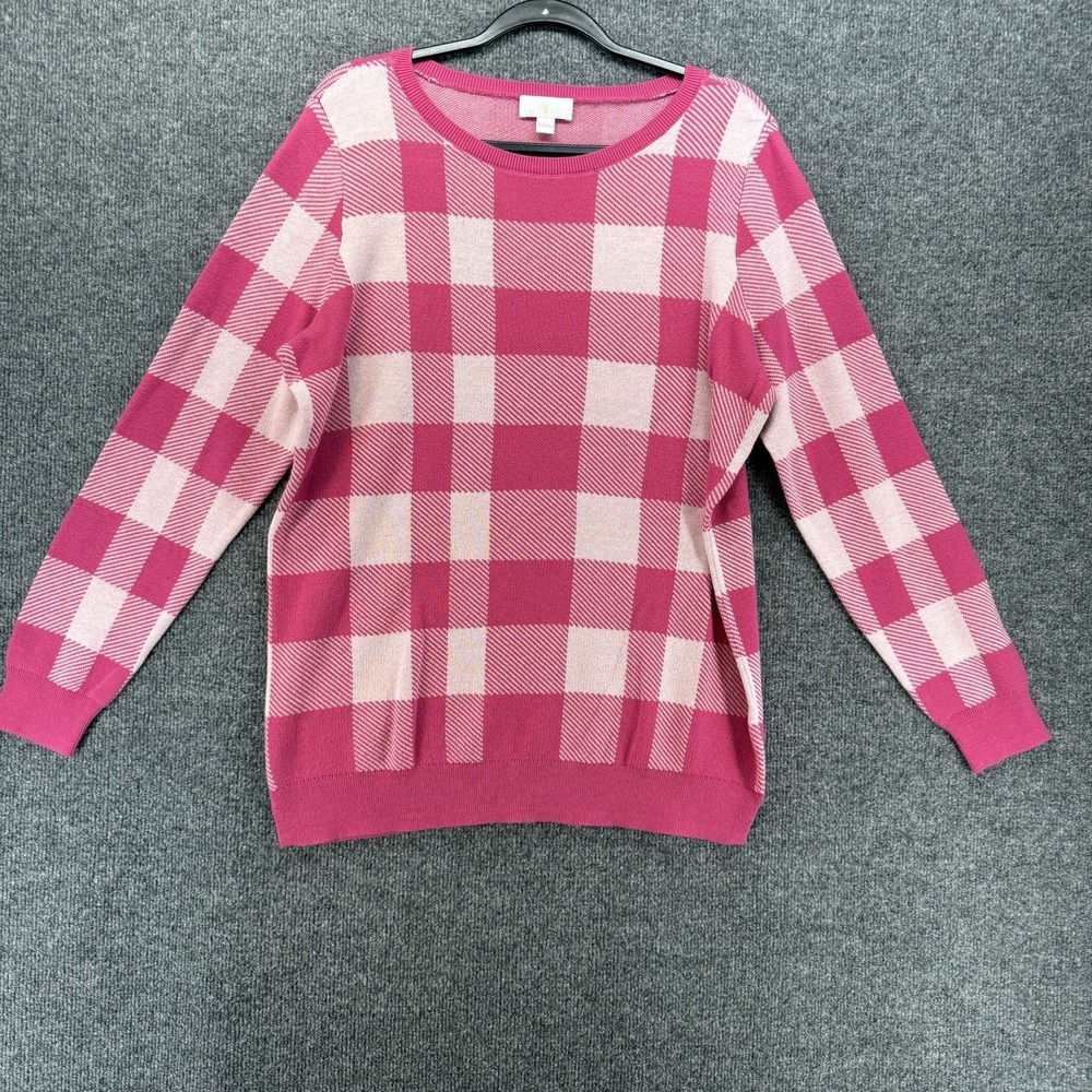 Belle Kim Gravel Sweater Womens L Pink Check Plaid Crew Neck 90s Preppy Tennis